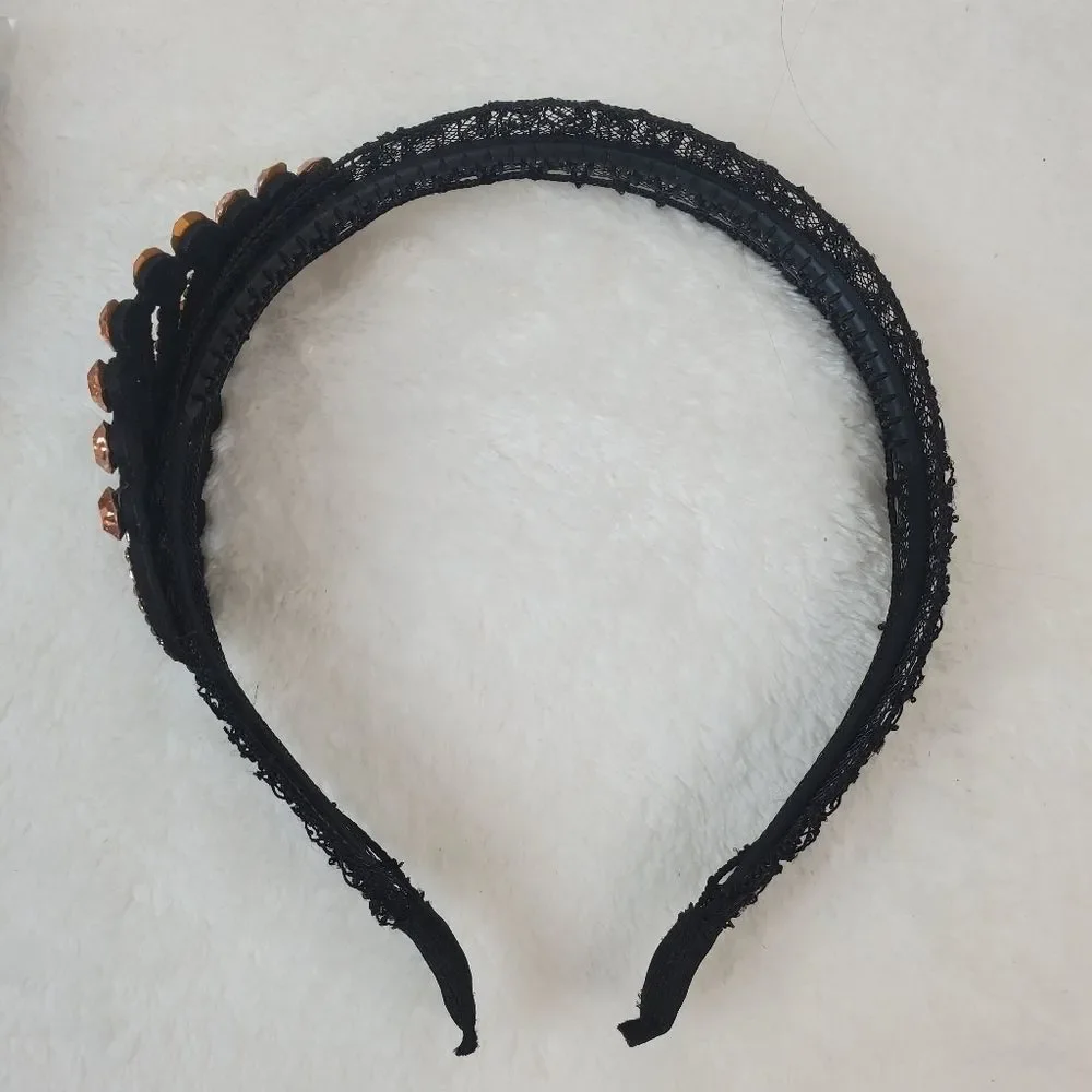 Blue Gold Crystals Leaf Black Lace Hair Band
